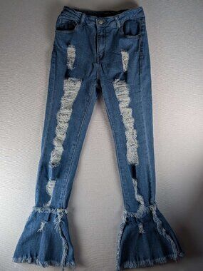 American Bazi Heavy Shredding Distressed Frayed Bell Bottom Jeans  Sz M Boho